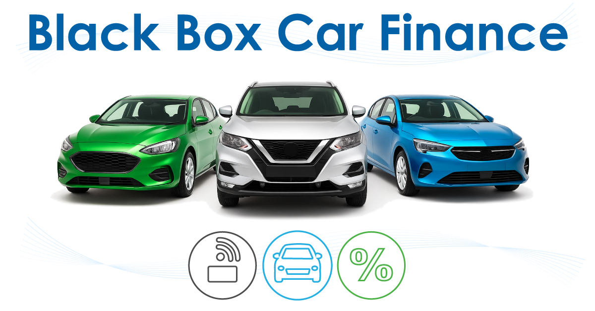 Black box car finance icons with 3 generic car images 1200px by 628px