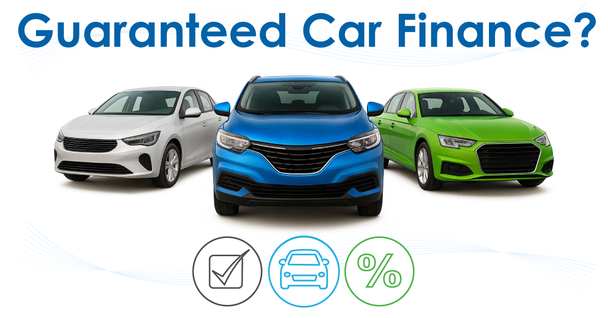 Guaranteed car finance icons with 3 generic car images 1200px by 628px